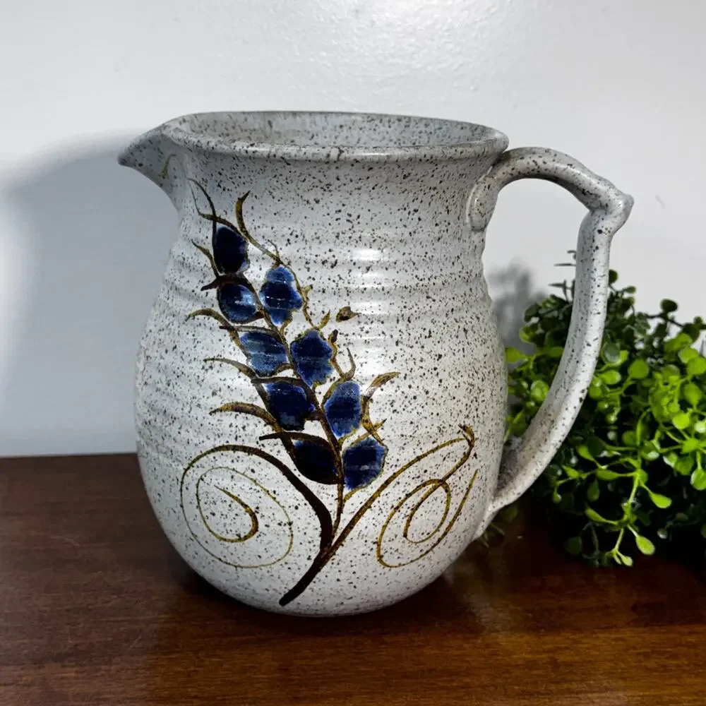 Signed Studio Art Pottery Pitcher Blue Flowers Handle Ribbed Spout Vase 7